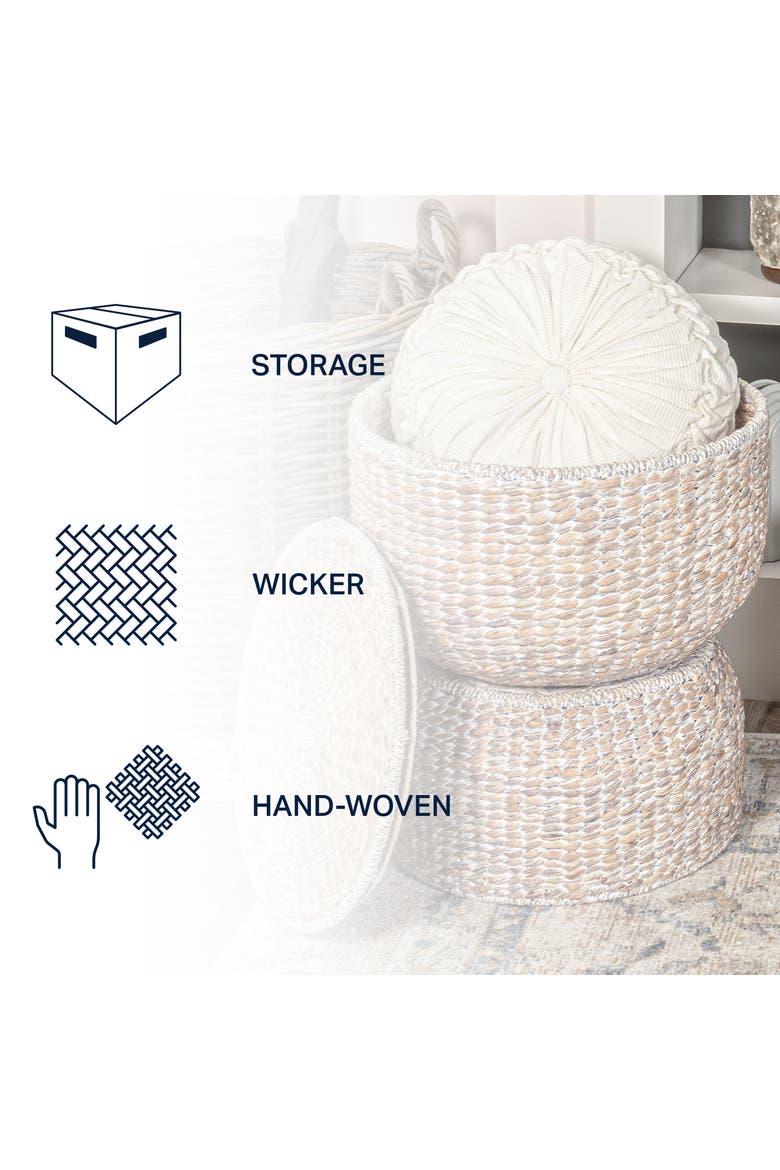Bhola Hourglass Handwoven Hyacinth Storage Accent Table with Lid, Alternate, color, White Wash