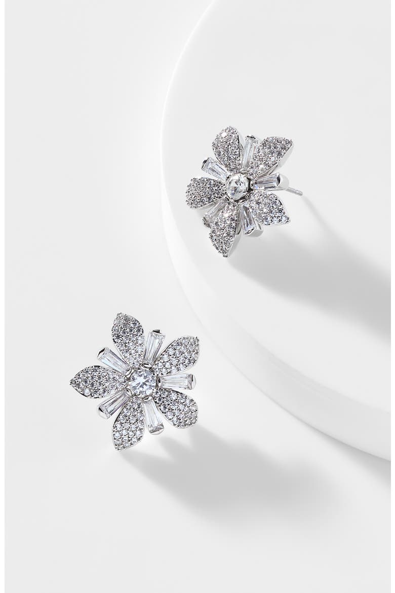 Freya Pavé XL Flower Stud Earrings, Alternate, color, RHODIUM
