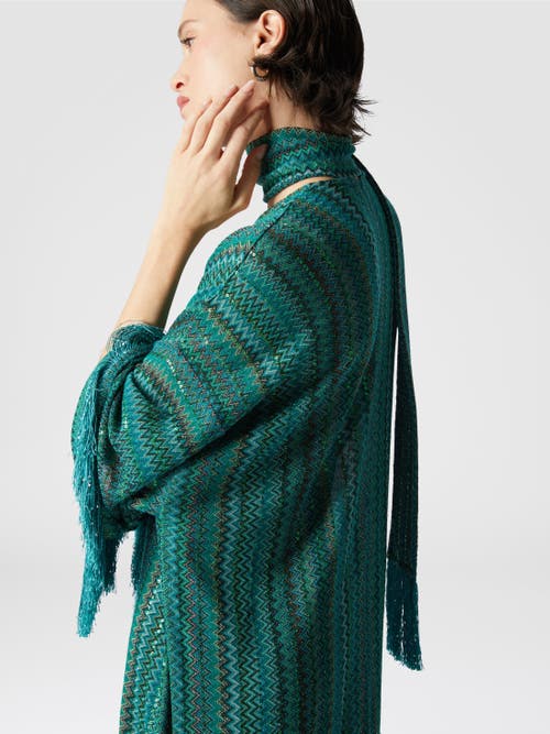 MISSONI MISSONI ZIGZAG KAFTAN WITH SEQUINS AND V-NECK AND REMOVABLE SCARF WITH FRINGES