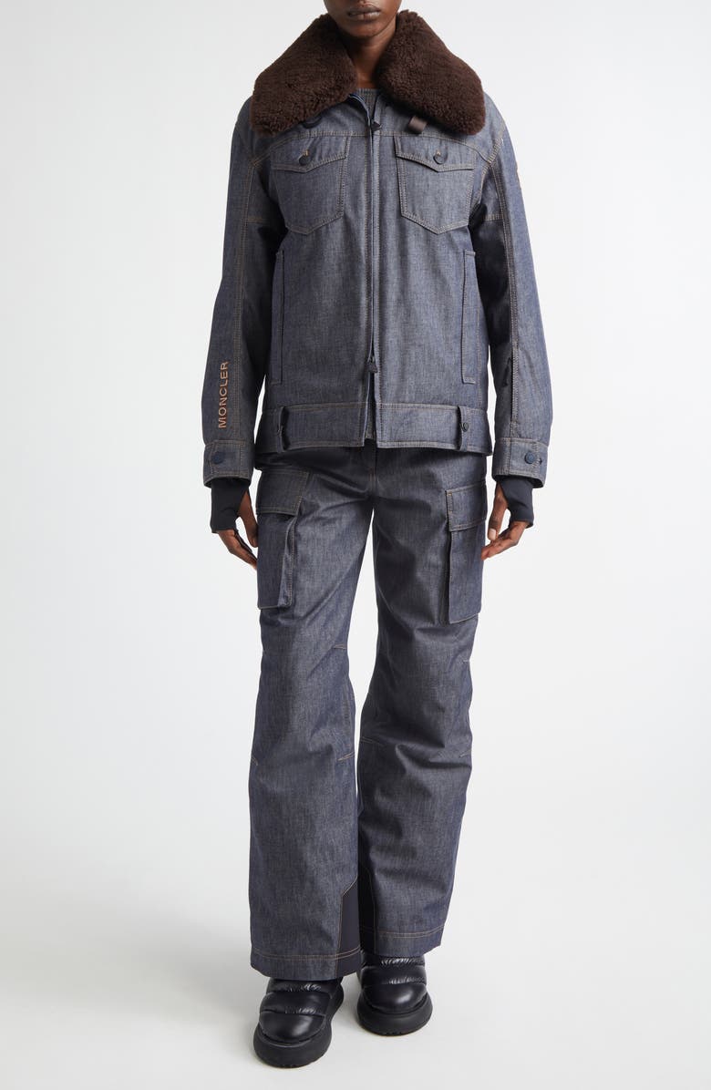 Moncler Grenoble Yunque Denim Down Trucker Jacket with Genuine Shearling Collar, Alternate, color, Blue