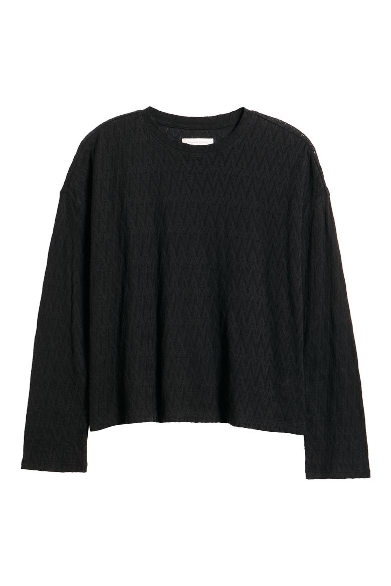 Pointelle Cotton Crewneck Knit Top, Alternate, color, BLACK