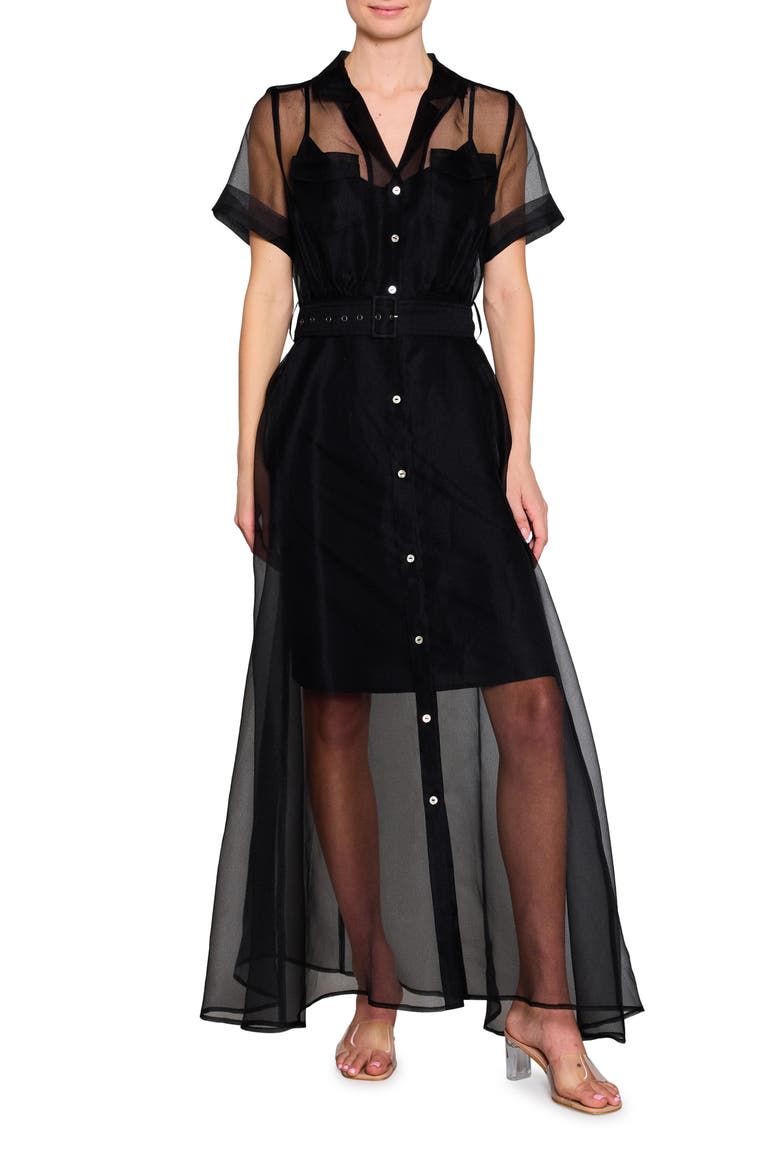 Belted Organza Button-Up Shirtdress, Main, color, BLACK