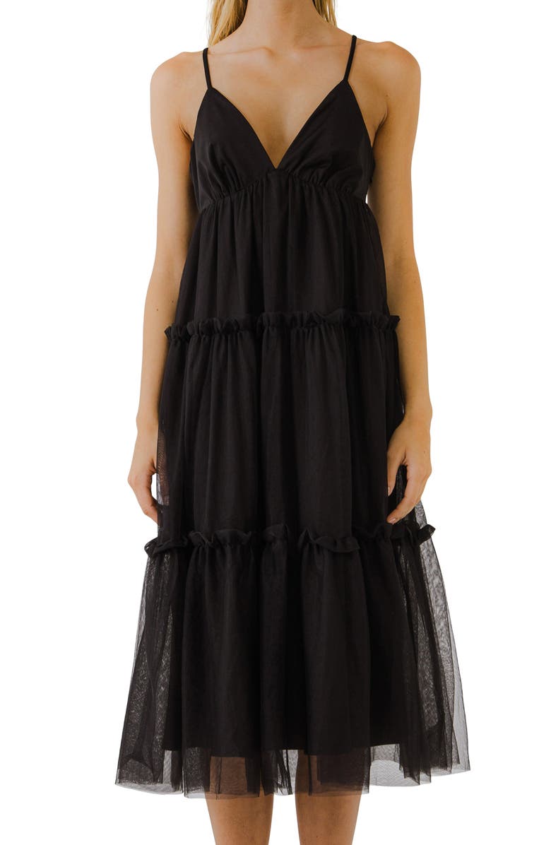 English Factory Tulle Contrast Sleeveless Midi Dress, Alternate, color, 