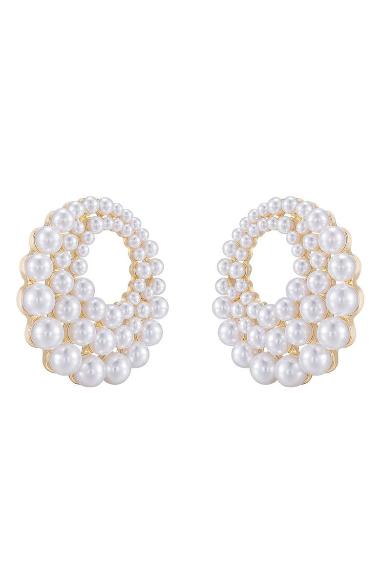 Ettika Imitation Pearl Statement Frontal Hoop Earrings, Alternate, color,