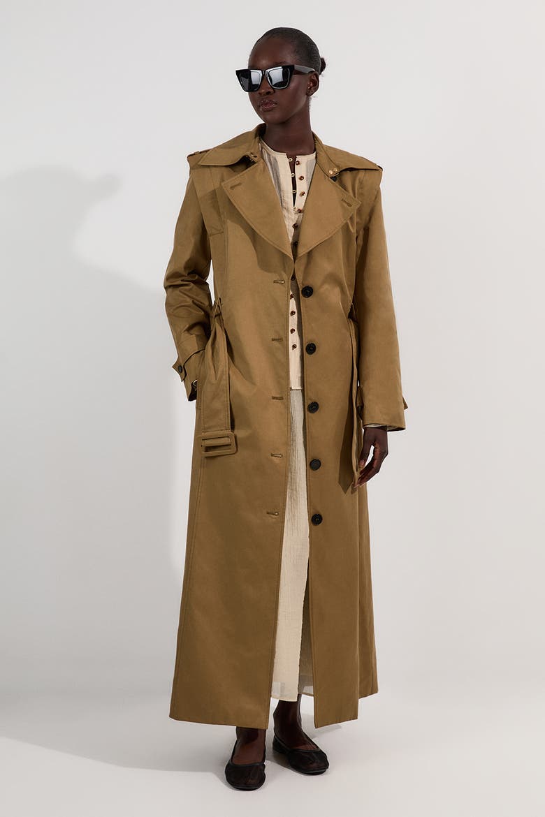Strong Shoulder Belted Maxi Trench Coat, Main, color, Olive