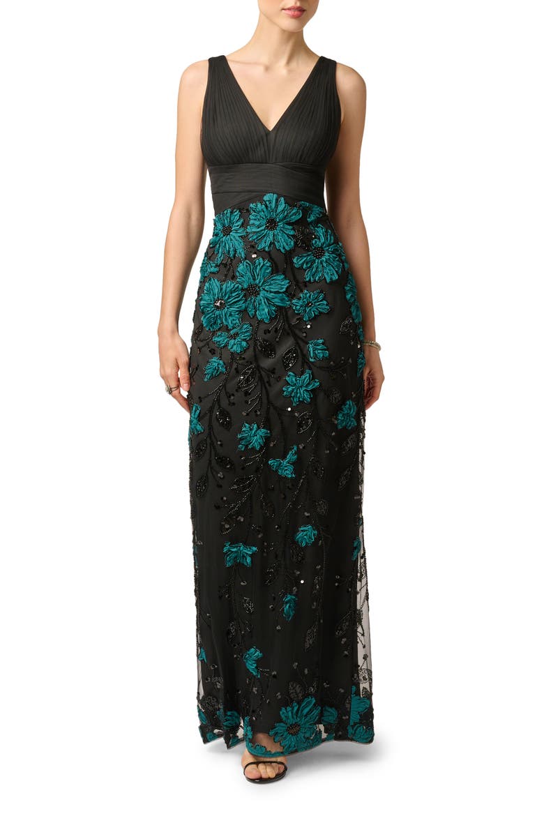 Floral Embroidered Sleeveless Gown, Main, color, BLACK/ EMERALD