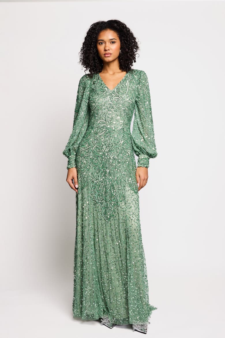 Embellished Sequins Net Gown, Main, color, GREEN
