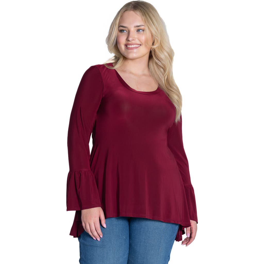 24seven Comfort Apparel Plus Size Long Bell Sleeve High Low Tunic Top In Burgundy