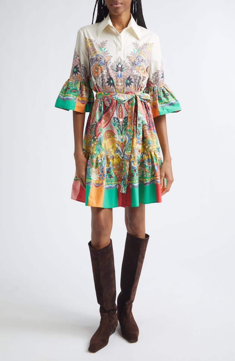Etro Paisley Print Belted Stretch Cotton Shirtdress, Main, color, Print On White Base