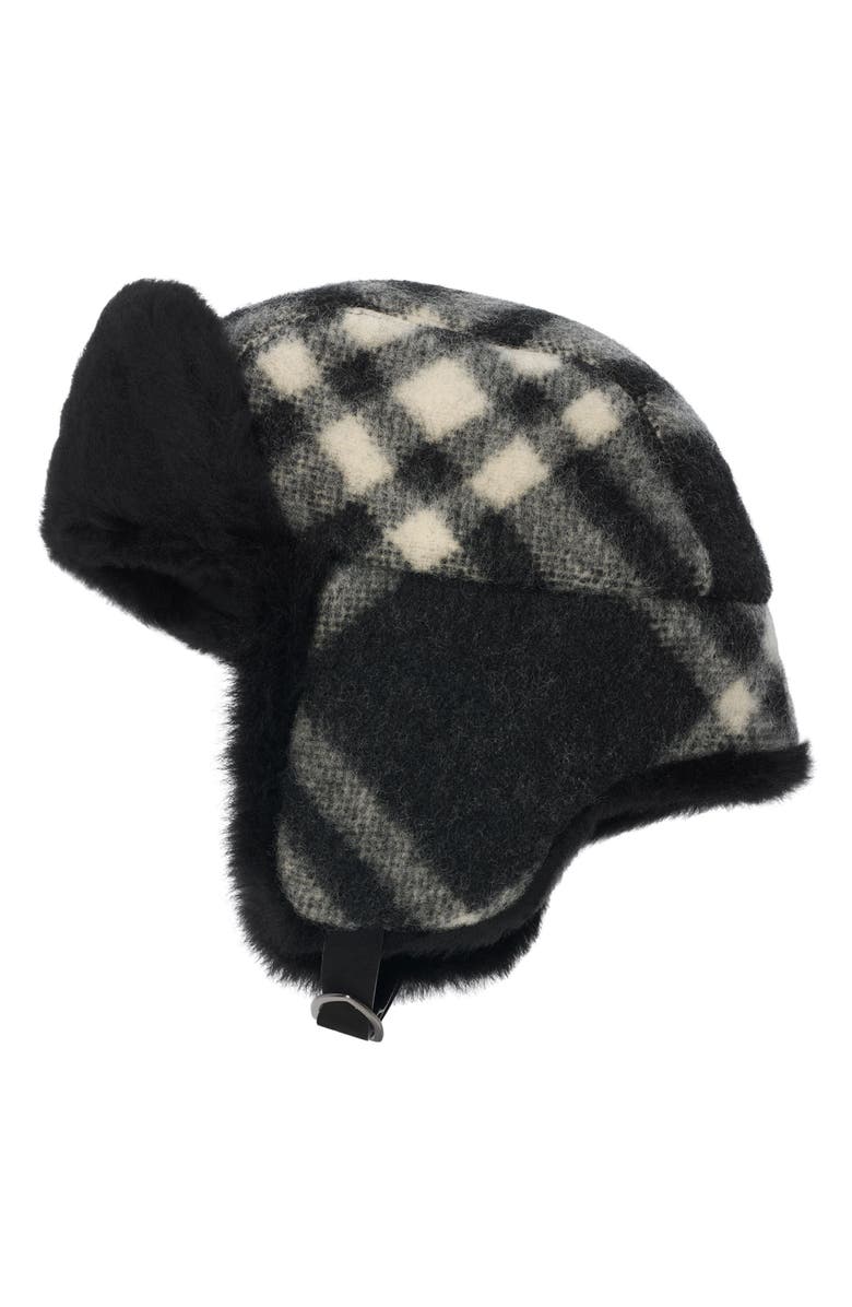 Burberry Tribar Padded Check Wool & Genuine Shearling Trapper Hat, Alternate, color, 