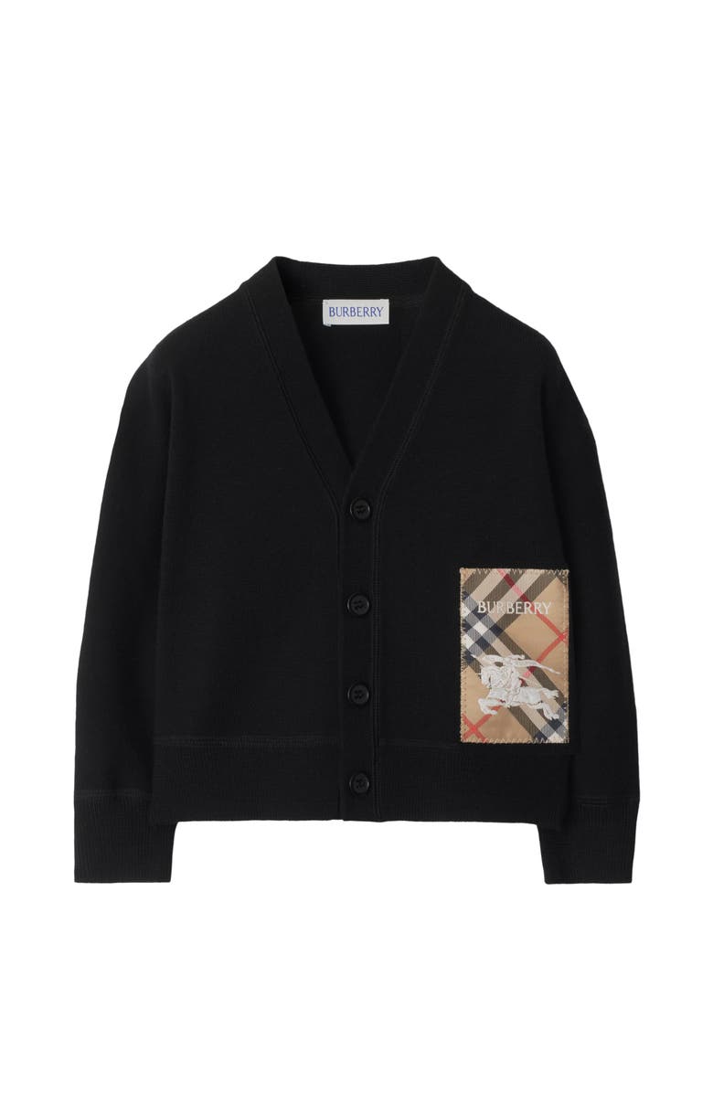Burberry Check Label Wool Cardigan, Main, color, Black