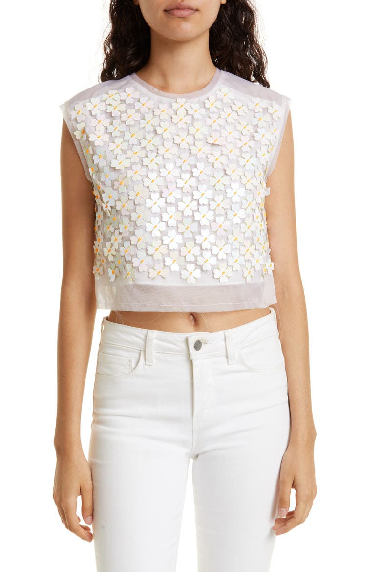 Gazelle Flower Sequin Organza Crop Top, Main, color, IVORY / NEON ORANGE