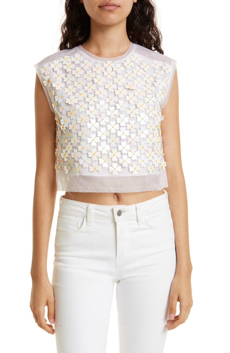 Aje Gazelle Flower Sequin Organza Crop Top, Main, color,