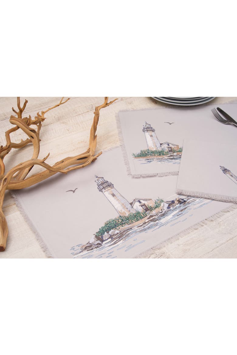 Guiding Light House Coastal Nautical Fringed Embroidered Table Runner 14" x 72", Alternate, color, Beige