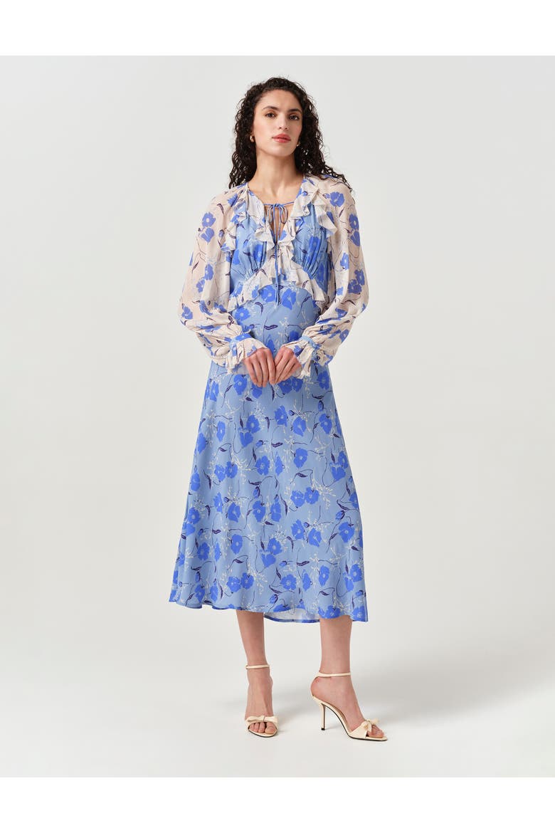 Naomi Floral Longsleeve Frill Midi Dress, Alternate, color, Blue Poppies