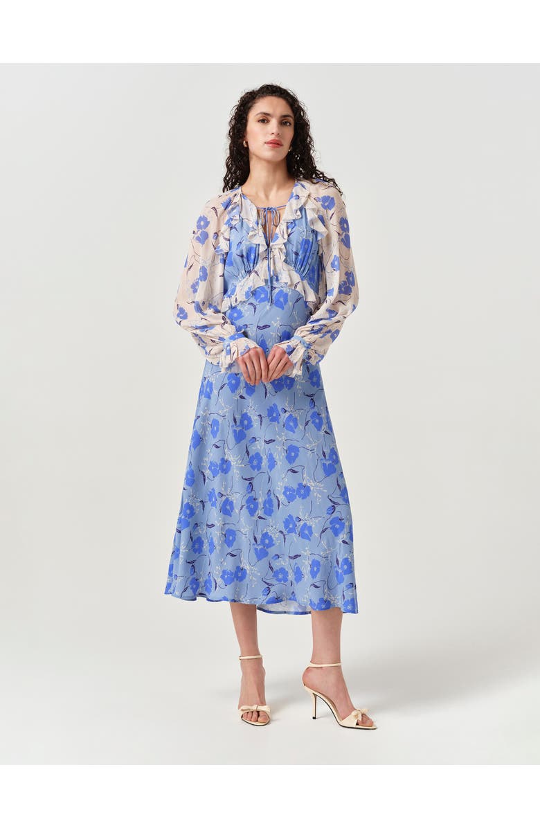 Ghost London Naomi Floral Longsleeve Frill Midi Dress, Alternate, color, Blue Poppies