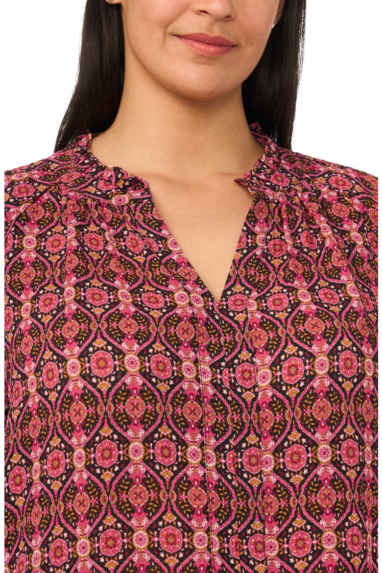 Scarf Print Split Neck Crepe Top, Alternate, color, RICH BLACK/ BURGUNDY