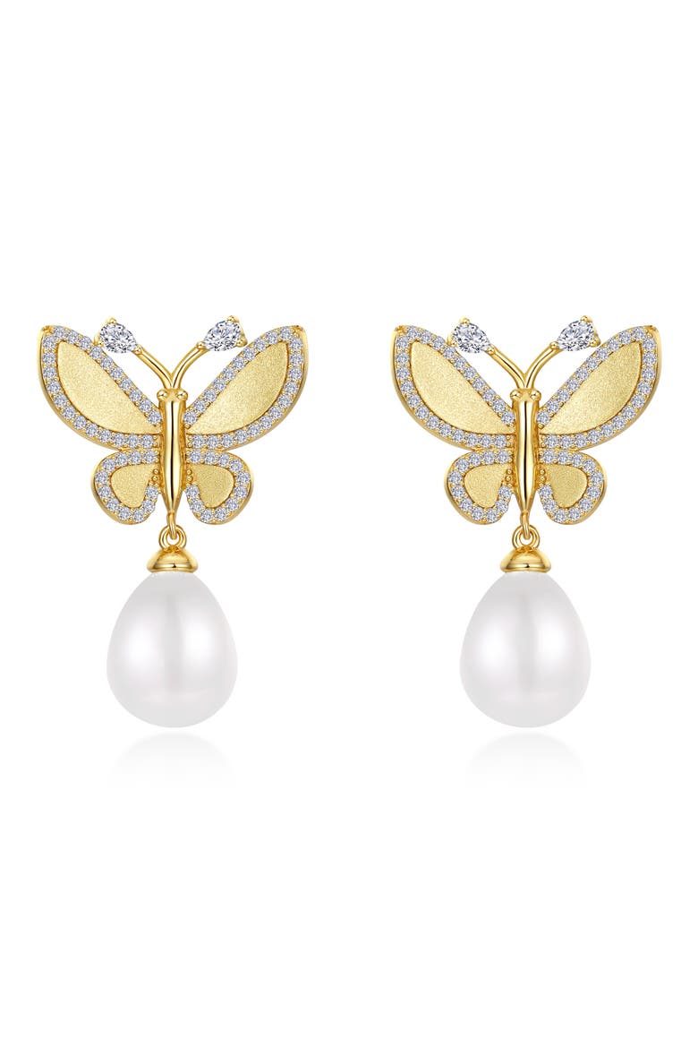 Butterfly Simulated Pearl Drop Earrings, Main, color, WHITE