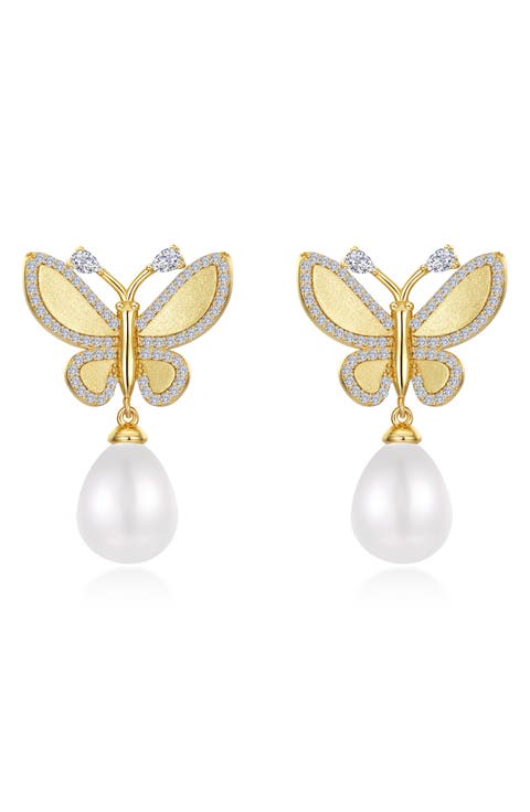 Butterfly Simulated Pearl Drop Earrings