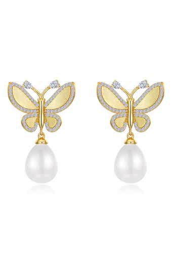 Butterfly Simulated Pearl Drop Earrings