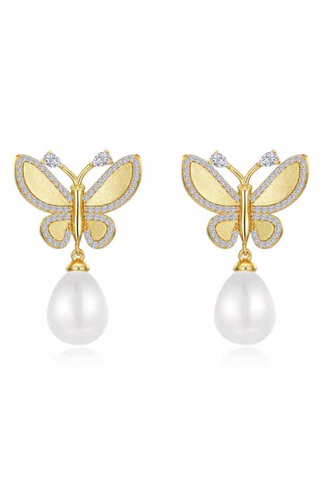 Butterfly Simulated Pearl Drop Earrings