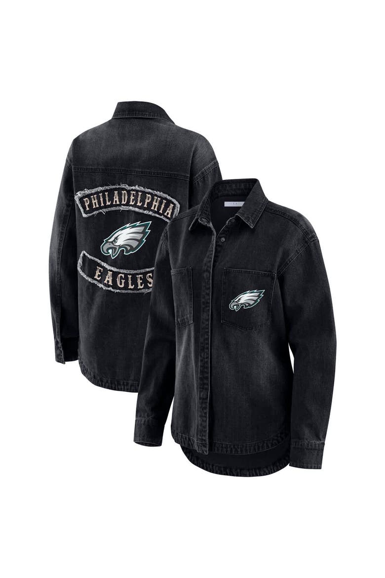 Women's WEAR by Erin Andrews Black Philadelphia Eagles Washed Oversized Denim Full-Snap Shacket, Main, color, Black