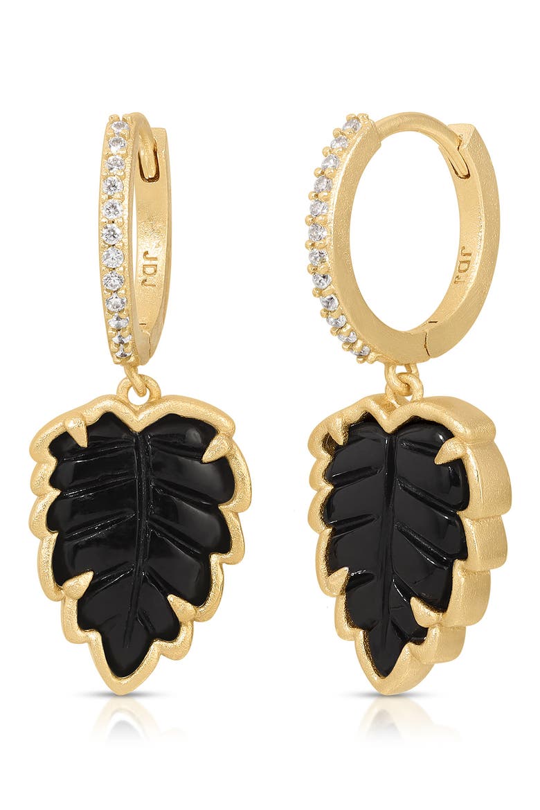 Leaf Drop Huggie Hoop Earrings, Main, color, BLACK ONYX/ GOLD
