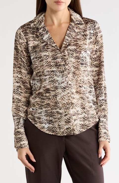Snakeskin Print Satin Button-Up Top