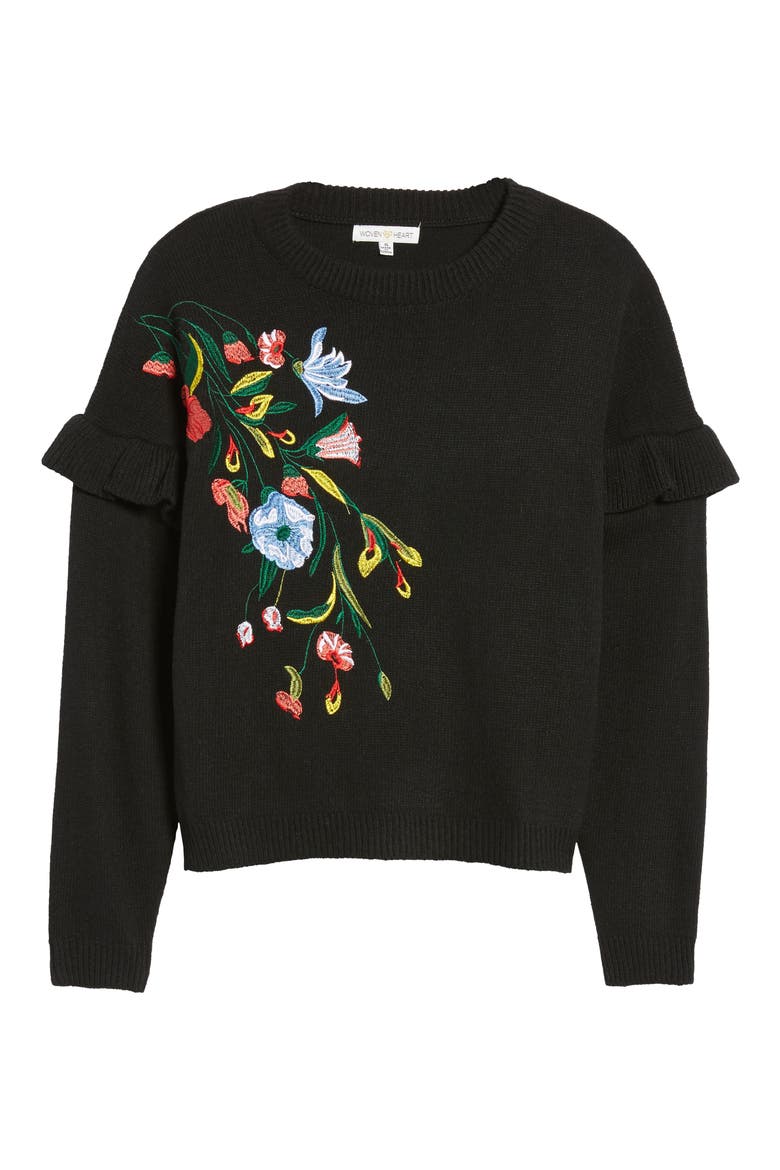 Ruffle Sleeve Embroidered Sweater, Alternate, color, BLACK