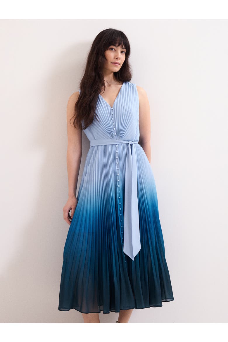 Mira Pleated V-Neck Midi Dress, Alternate, color, Blue