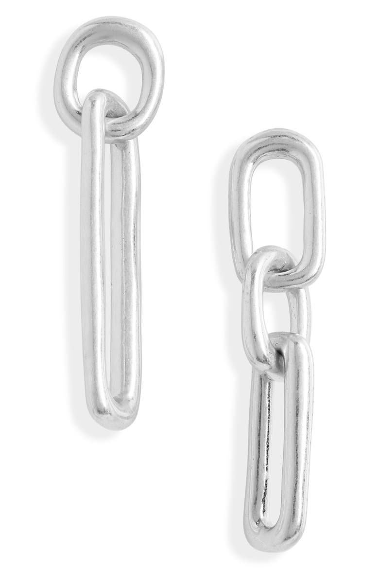 Story Mismatched Linear Drop Earrings, Main, color, METALLIC SILVER