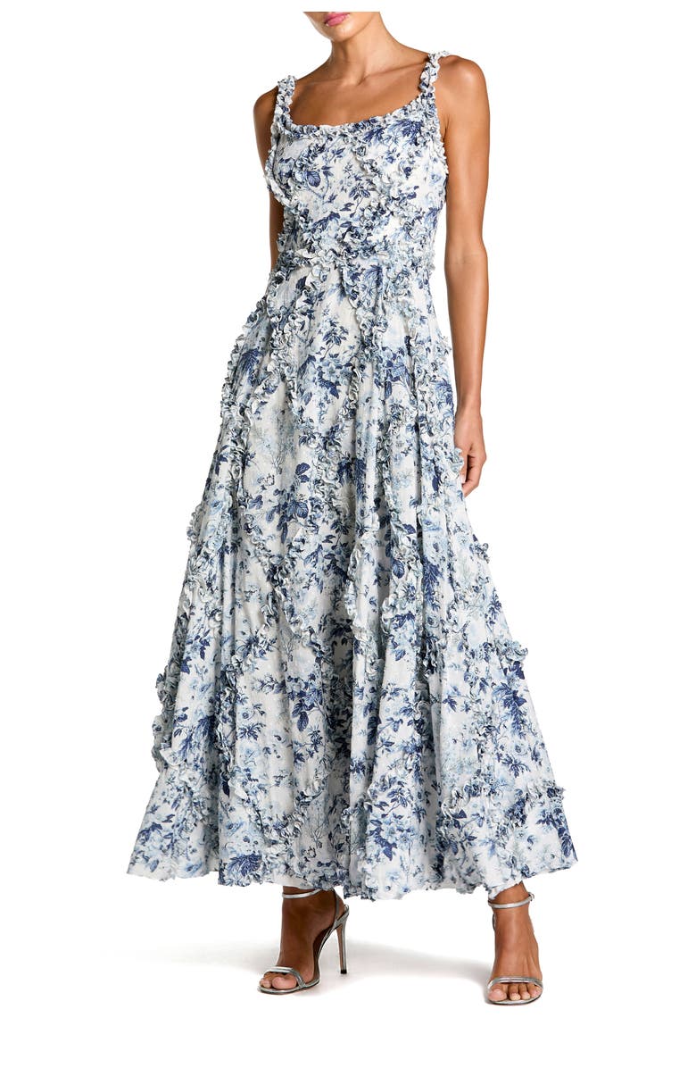 Mac Duggal Ruffle Scoop Neck Floral A-Line Dress, Main, color, Blue Multi