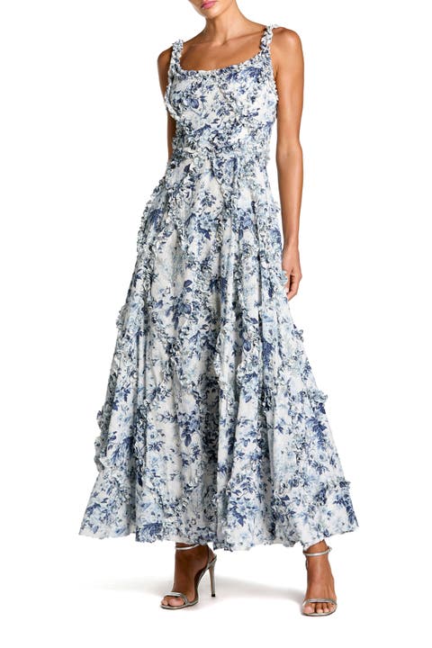 Ruffle Scoop Neck Floral A-Line Dress