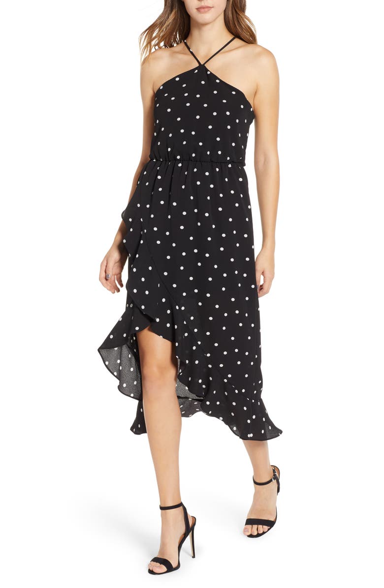 All in Favor Polka Dot Ruffle Trim Halter Dress, Main, color, 