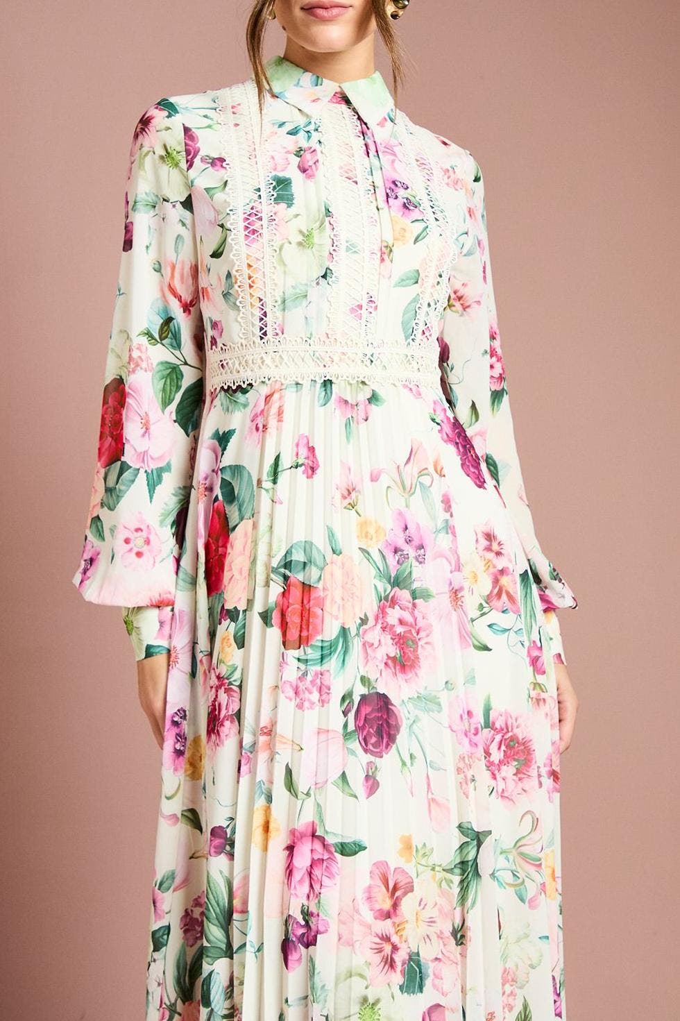 cream lace trim pleated midi dress ASTR the Label | Eloise Eyelet Lace Midi Dress in Cream