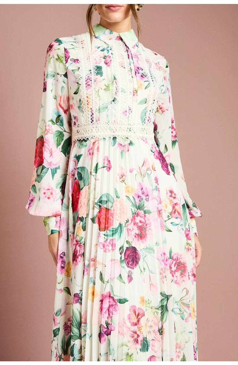 Coast Pleated Lace Trim Midi Dress, Alternate, color, Multi