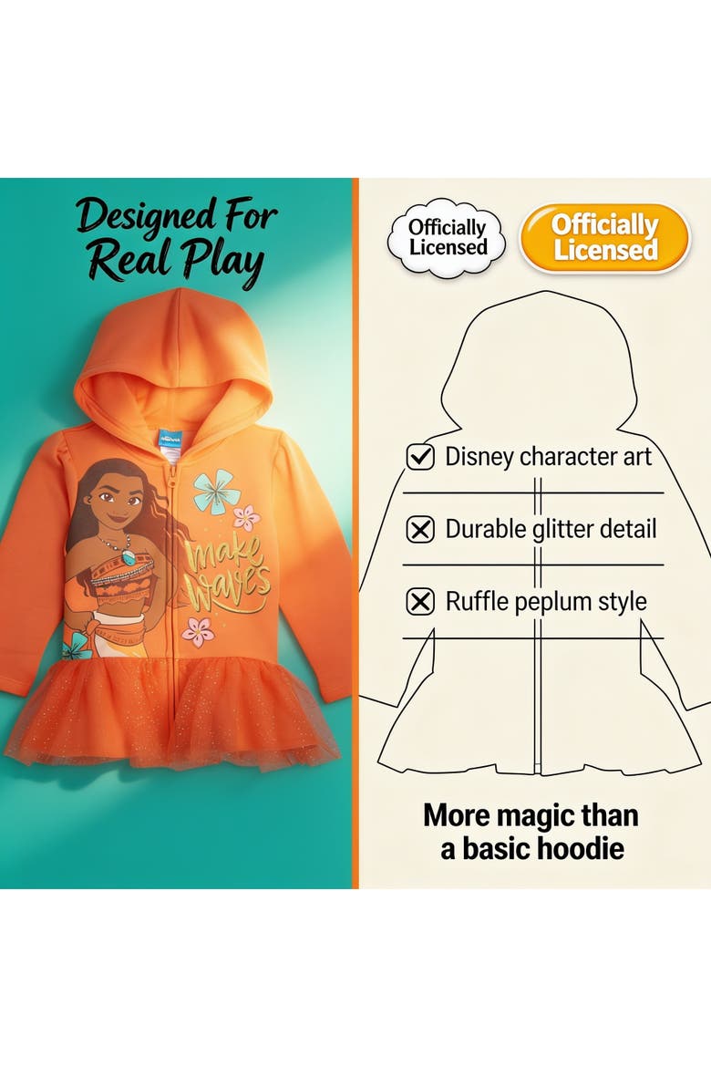 Princess Zip-Up Hooded Sweatshirt, Alternate, color, Moana Coral