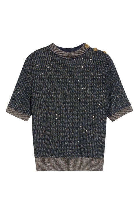 Sequin Crewneck Tweed Sweater