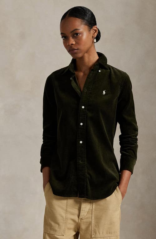 Polo Ralph Lauren Olive Long-sleeve Velvet Ribbed Shirt With Classic Collar In Green