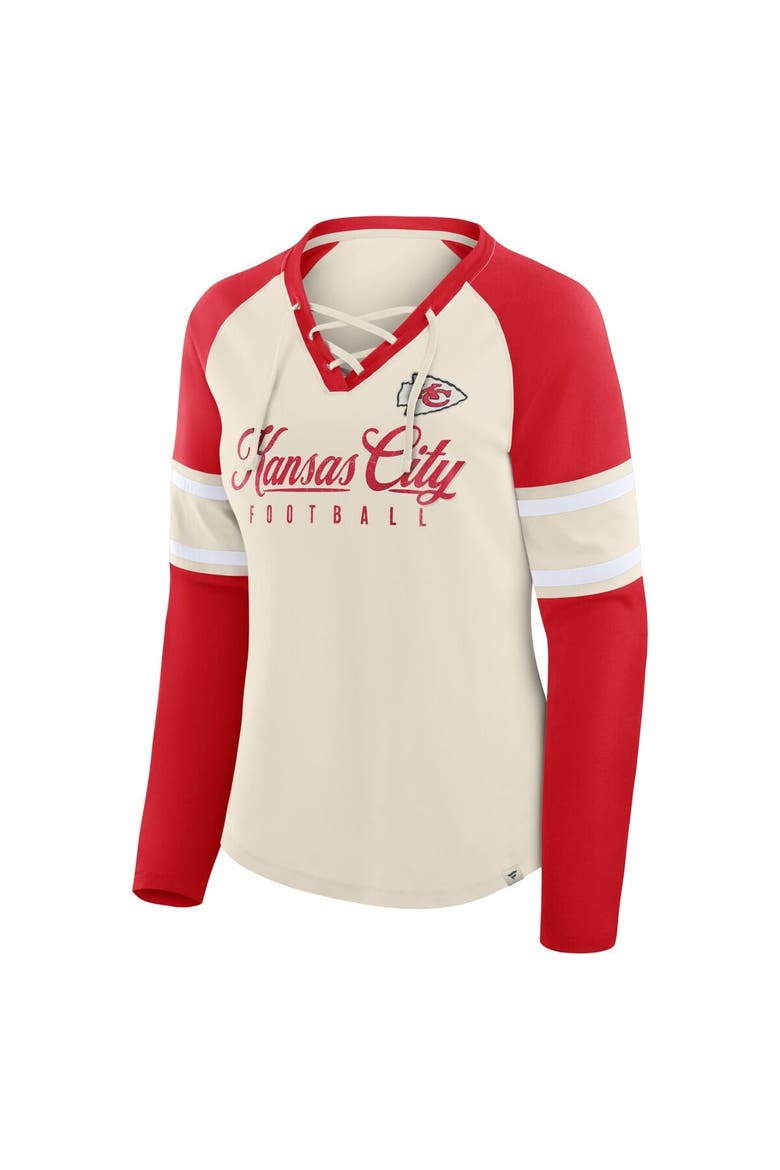 Women's Fanatics Cream/Red Kansas City Chiefs Hometown Gridiron Hero Raglan Lace-Up V-Neck Long Sleeve T-Shirt, Alternate, color, Cream