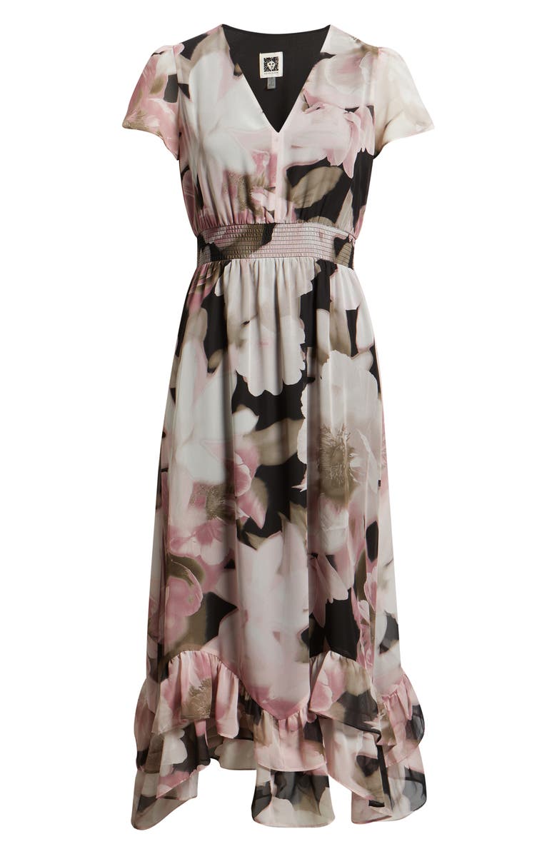 Anne Klein Print Ruffle Midi Dress, Alternate, color, Anne Black/ Grey Multi