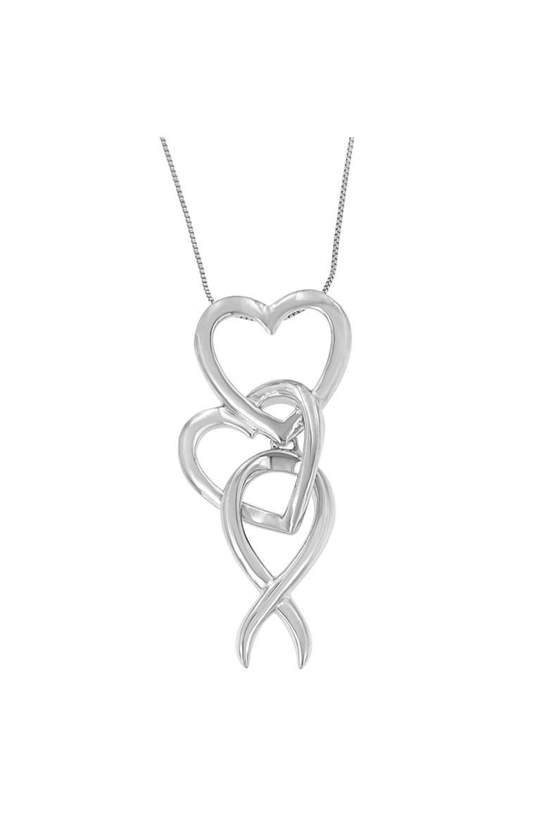 .925 Sterling Silver Double-Heart & Awareness Ribbon Linked Pendant Necklace, Alternate, color, White