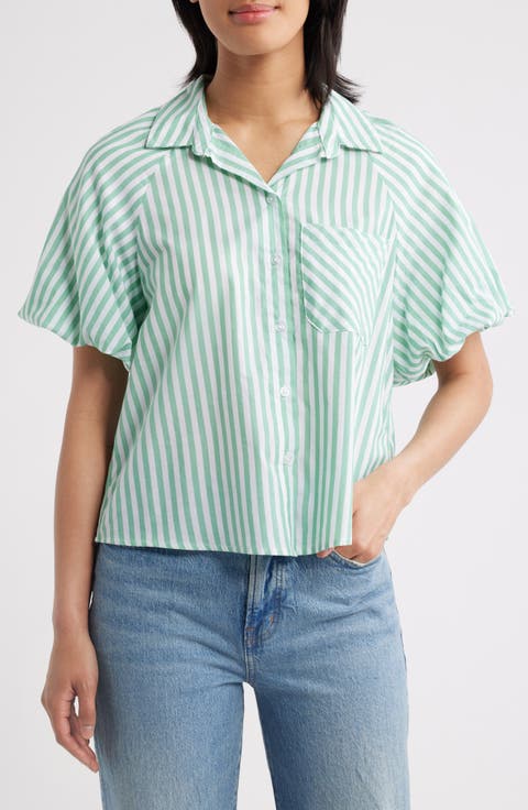 Biance Bubble Sleeve Button-Up Top