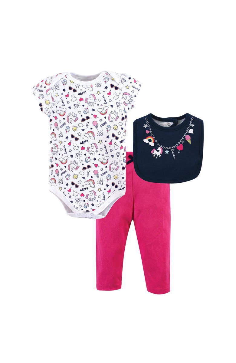 Little Treasure Coordinated Bodysuit, Pant, and Bib Collection, Main, color, Happy Rainbow