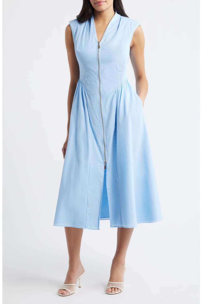 Stripe Zip Front Sleeveless Midi Dress, Main, color, LIGHT BLUE