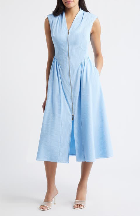 Stripe Zip Front Sleeveless Midi Dress
