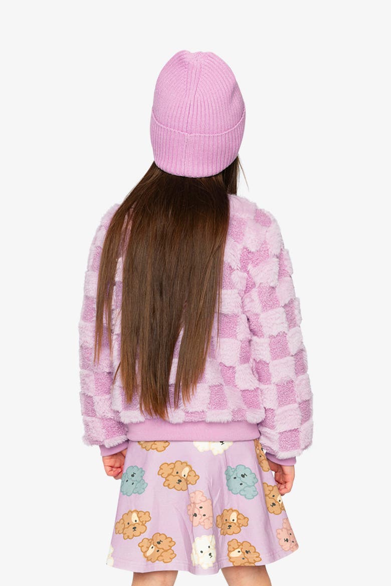 Faux Fur Jacquard Checkerboard Front Pocket Bomber Jacket, Alternate, color, Violet