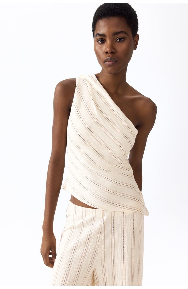 H&M One-shoulder Textured Cotton Top, Alternate, color, Cream/Striped