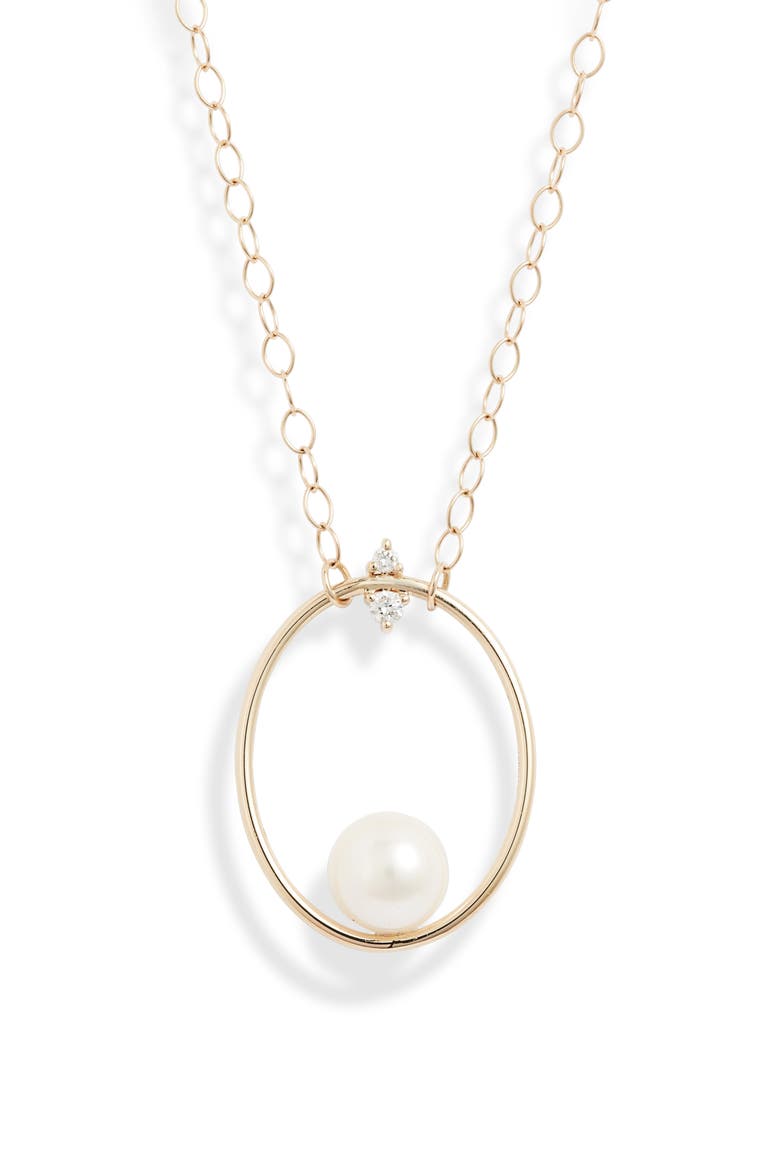 Pearl & Diamond Oval Pendant Necklace, Main, color, YELLOW GOLD / DIAMOND / PEARL