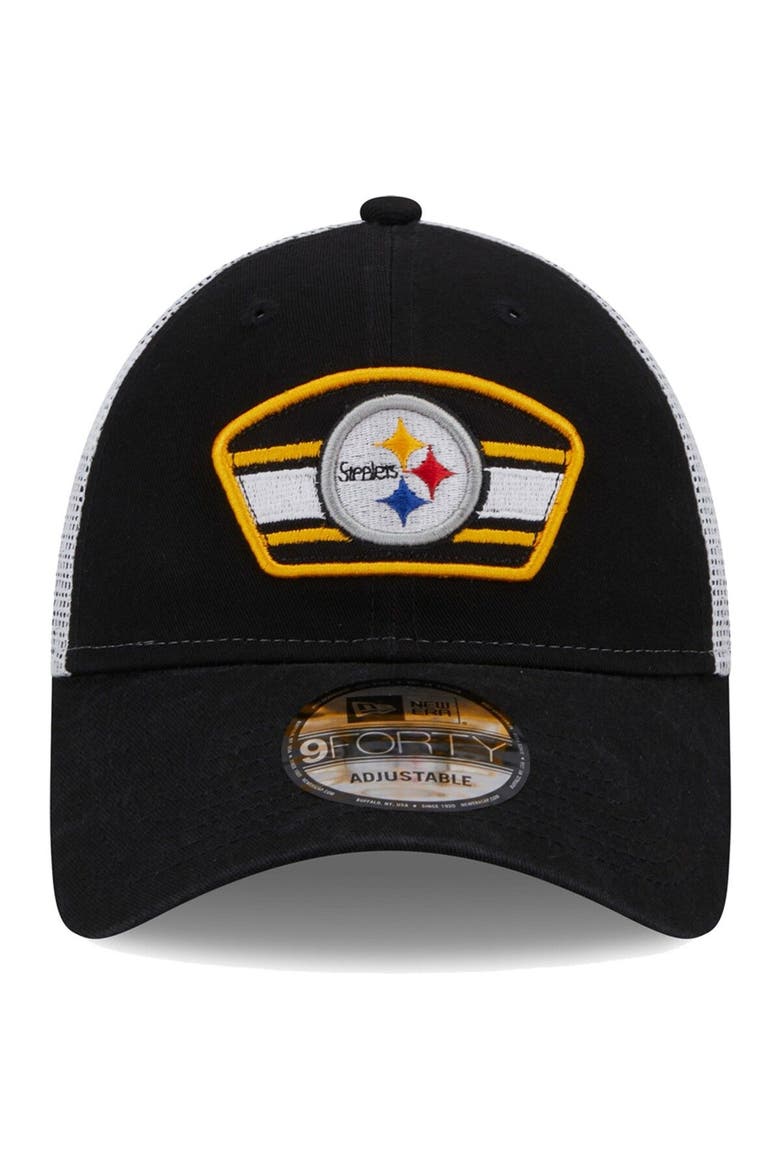 Men's New Era Black/White Pittsburgh Steelers Logo Patch Trucker 9FORTY Snapback Hat, Alternate, color, Black